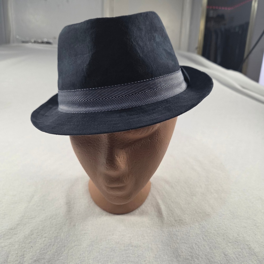 Vintage Henschel Hat Co USA Mens Fedora Navy Blue Faux Suede Herringbone Band M